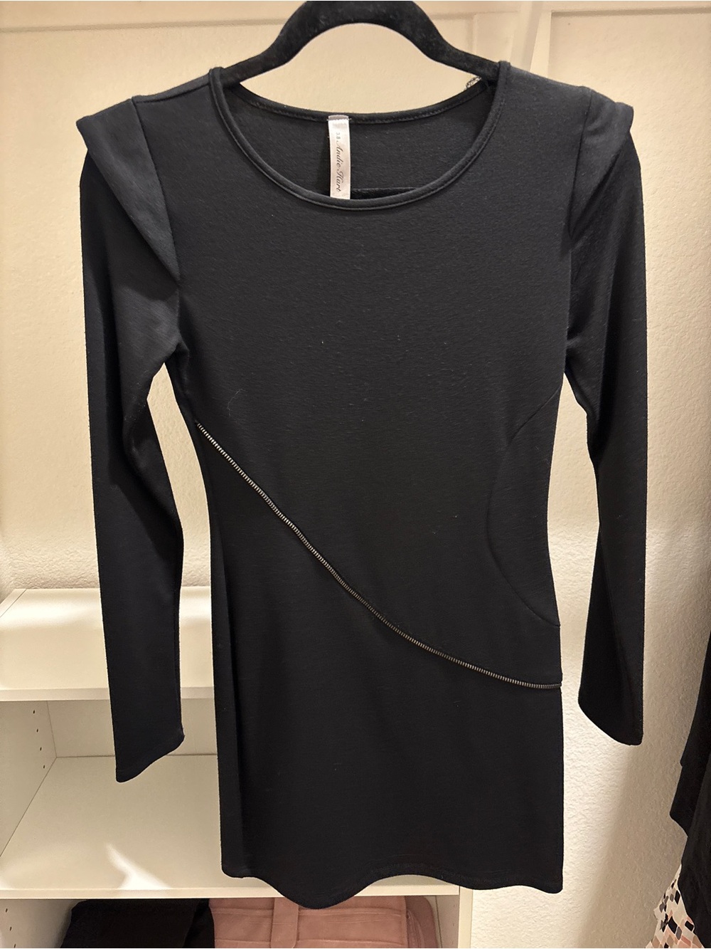 Black Long-Sleeve Bodycon Dress with Diagonal Zip by Unknown Brand